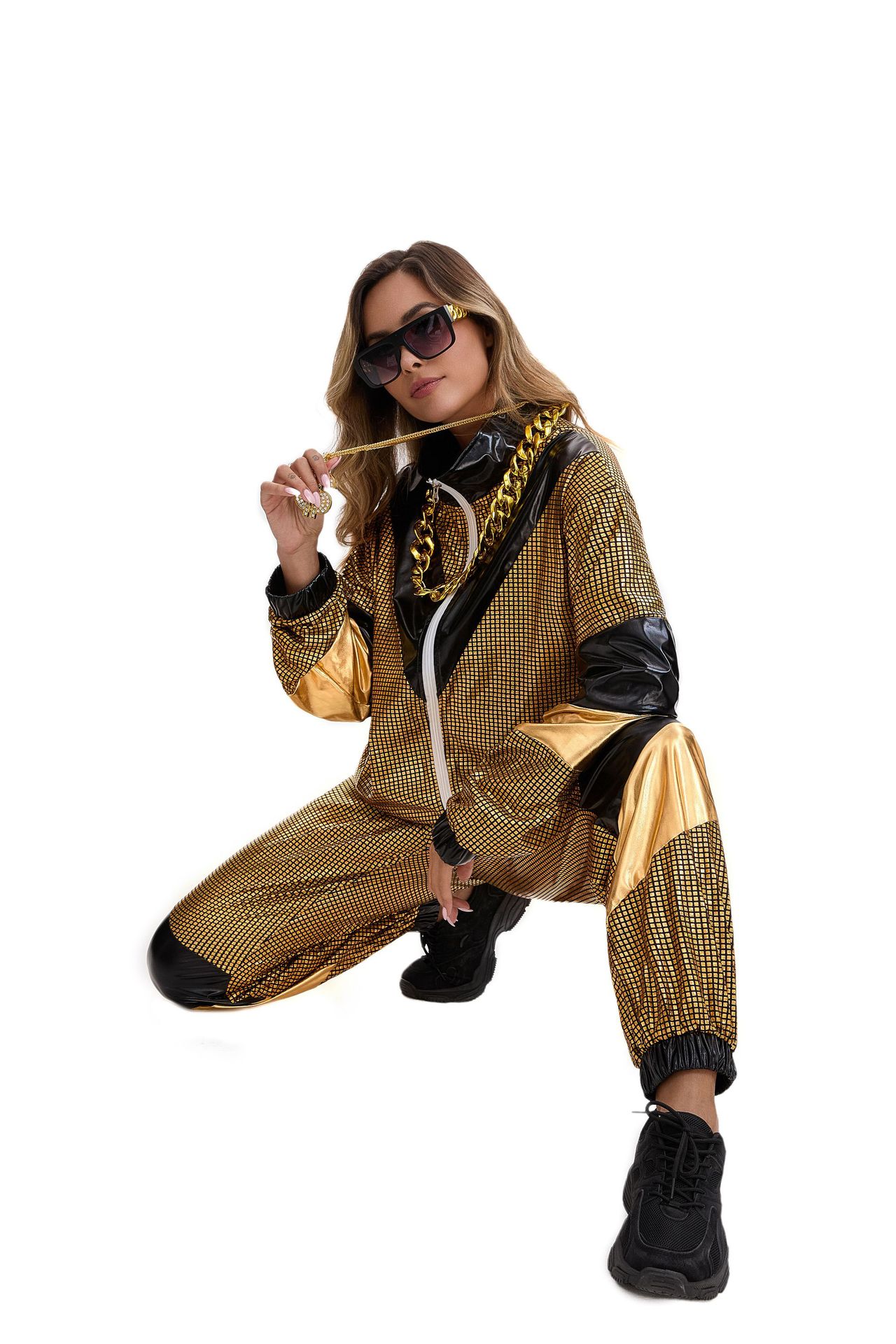 Womens Hip Hop Dance Costume Set 80s Disco Sportswear Two Piece Set Tracksuit